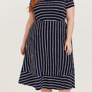 Navy & White Stripe Skater Dress Midi with POCKETS